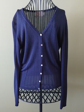 VINTAGE, Women's Navy V-Neck Button Cardigan Sweater, Size M